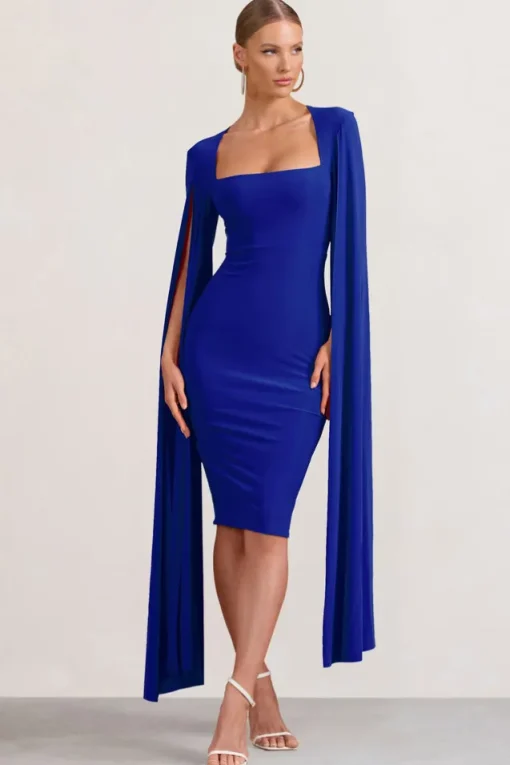 Flawless | Cobalt Blue Square Neck Midi Dress With Cape Sleeves
