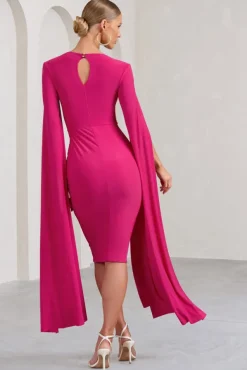 Flawless | Hot Pink Square Neck Midi Dress With Cape Sleeves