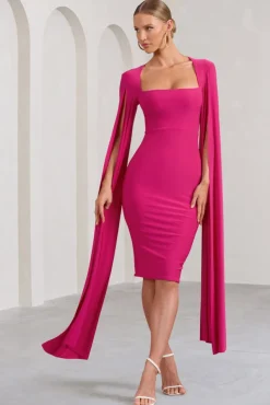 Flawless | Hot Pink Square Neck Midi Dress With Cape Sleeves