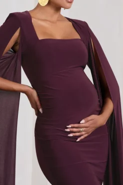 Flawless | Plum Maternity Square Neck Midi Dress With Cape Sleeves