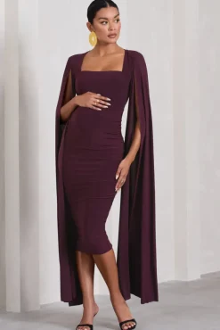 Flawless | Plum Maternity Square Neck Midi Dress With Cape Sleeves