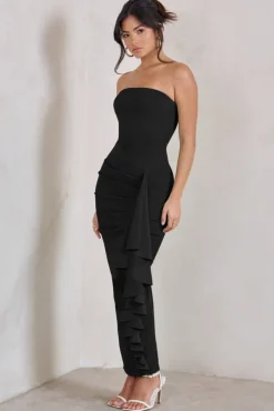 Fleur | Black Bandeau Ruffle Maxi Dress
