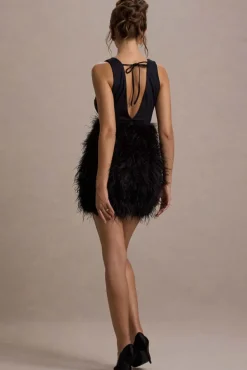 Flirt | Black Plunge Front Mini Dress With Feather Skirt