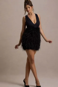 Flirt | Black Plunge Front Mini Dress With Feather Skirt