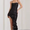 Florence | Black Satin Asymmetric Ruffle Cowl Midi Dress