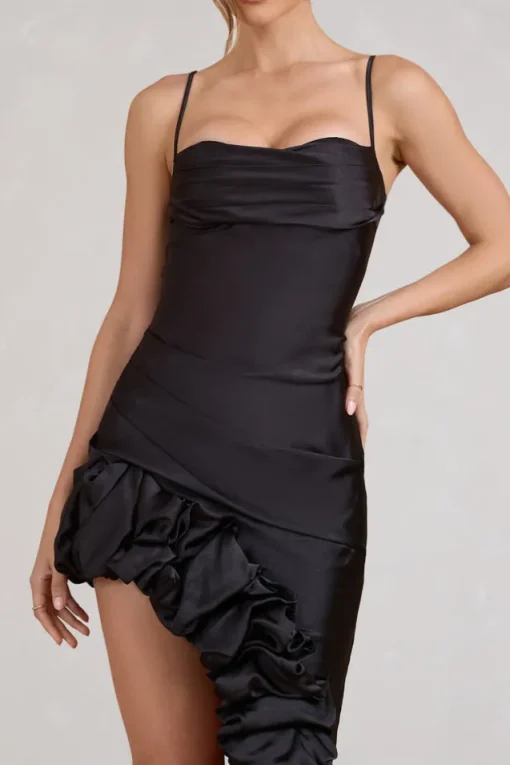 Florence | Black Satin Asymmetric Ruffle Cowl Midi Dress