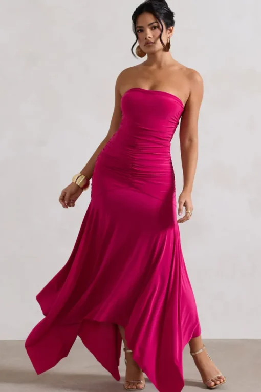 Florianne | Hot Pink Ruched Bandeau Midi Dress