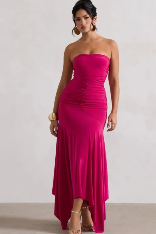 Florianne | Hot Pink Ruched Bandeau Midi Dress