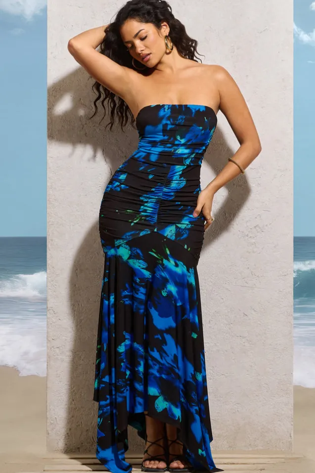 Florianne | Navy Floral Print Ruched Bandeau Maxi Dress
