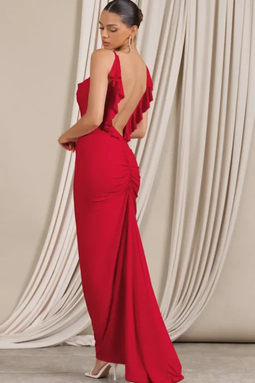 Flute | Red Bodycon Maxi Dress With Ruched Ruffled Back