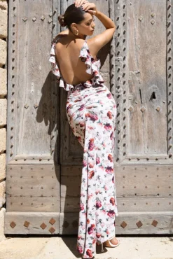 Flute | White Floral Bodycon Maxi Dress With Ruched Ruffled Back