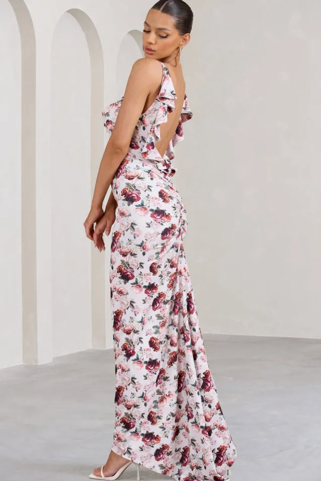 Flute | White Floral Bodycon Maxi Dress With Ruched Ruffled Back