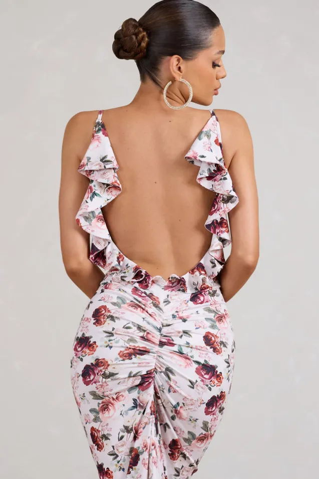 Flute | White Floral Bodycon Maxi Dress With Ruched Ruffled Back