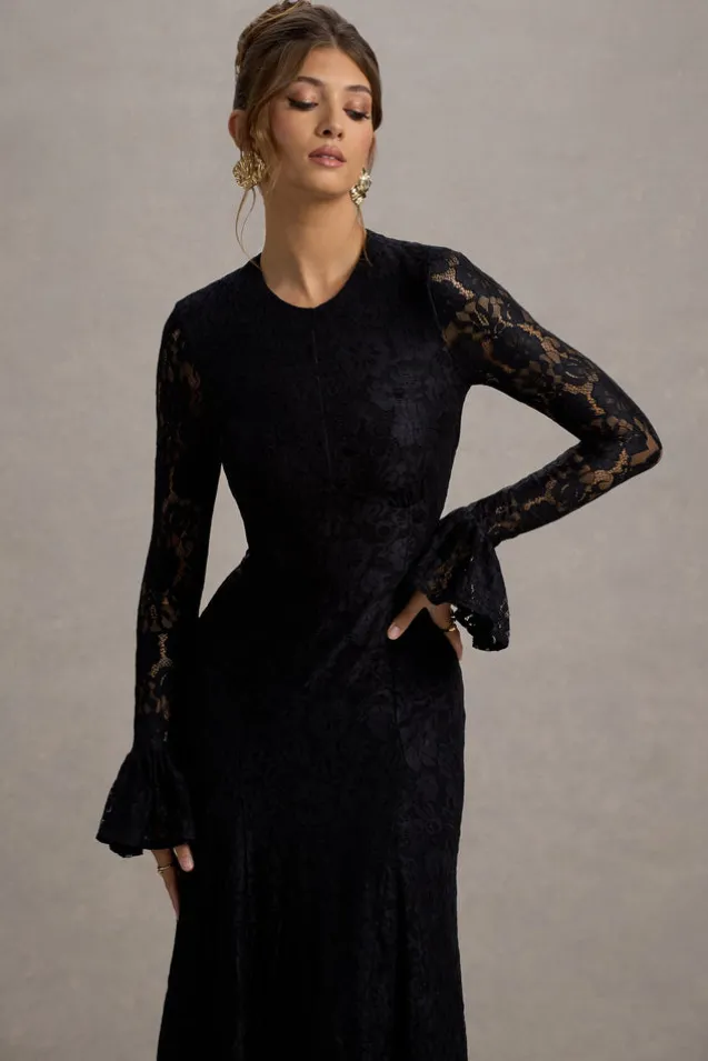 For Life | Black Lace Long-Sleeve Midi Dress