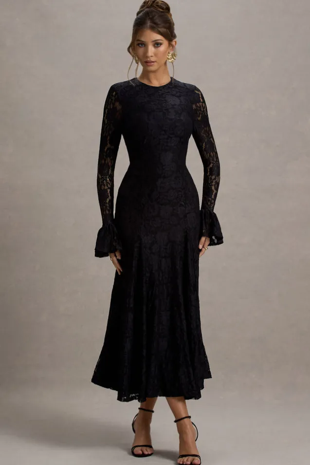 For Life | Black Lace Long-Sleeve Midi Dress