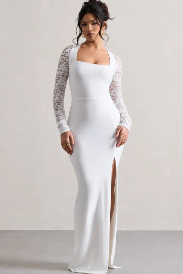 For Love | White Split Maxi Dress With Lace Sleeves