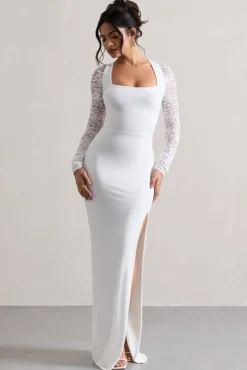 For Love | White Split Maxi Dress With Lace Sleeves
