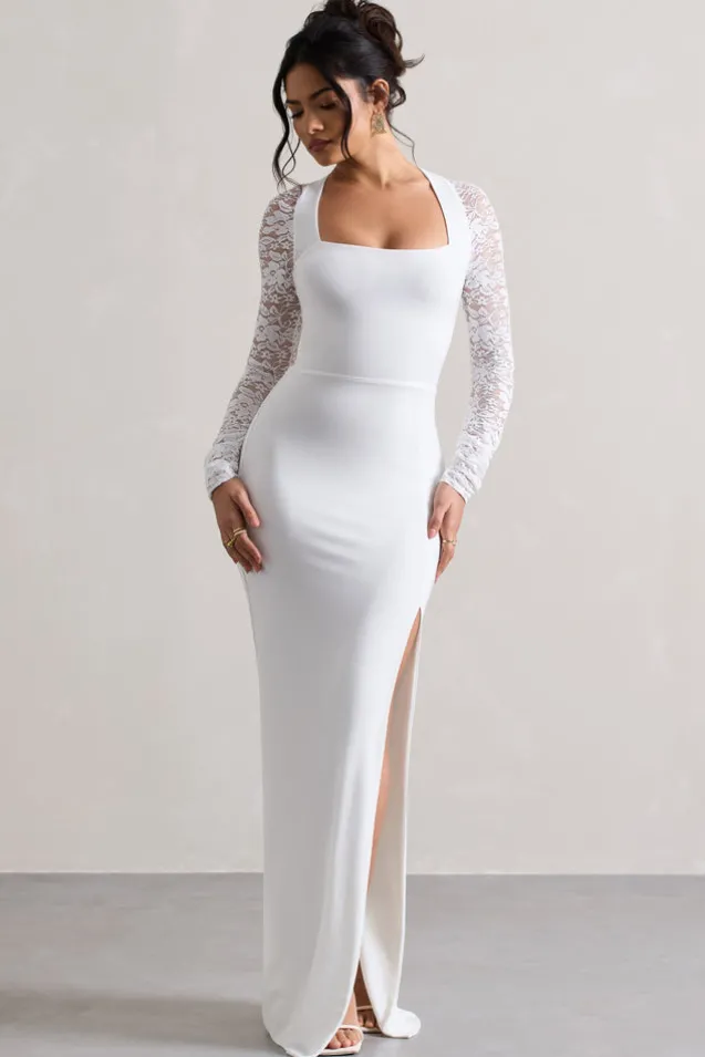 For Love | White Split Maxi Dress With Lace Sleeves