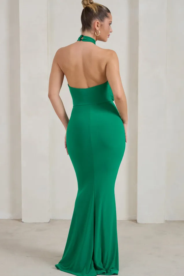 Forever Dreaming | Green Halterneck Ruched Split Maxi Dress