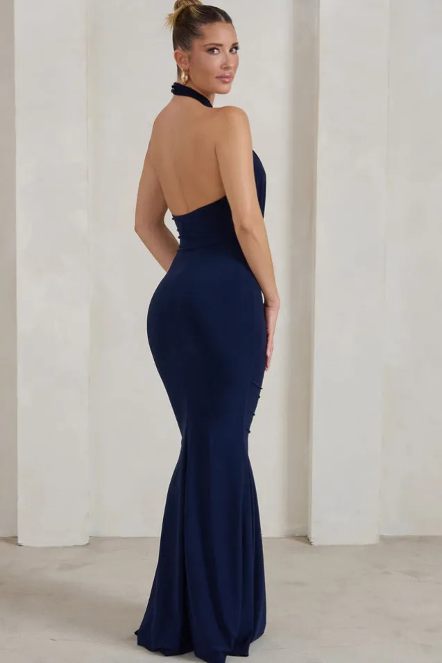 Forever Dreaming | Navy Backless Halterneck Ruched Split Maxi Dress