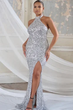 Forever Shining | Silver Sequin Halter Neck Maxi Dress