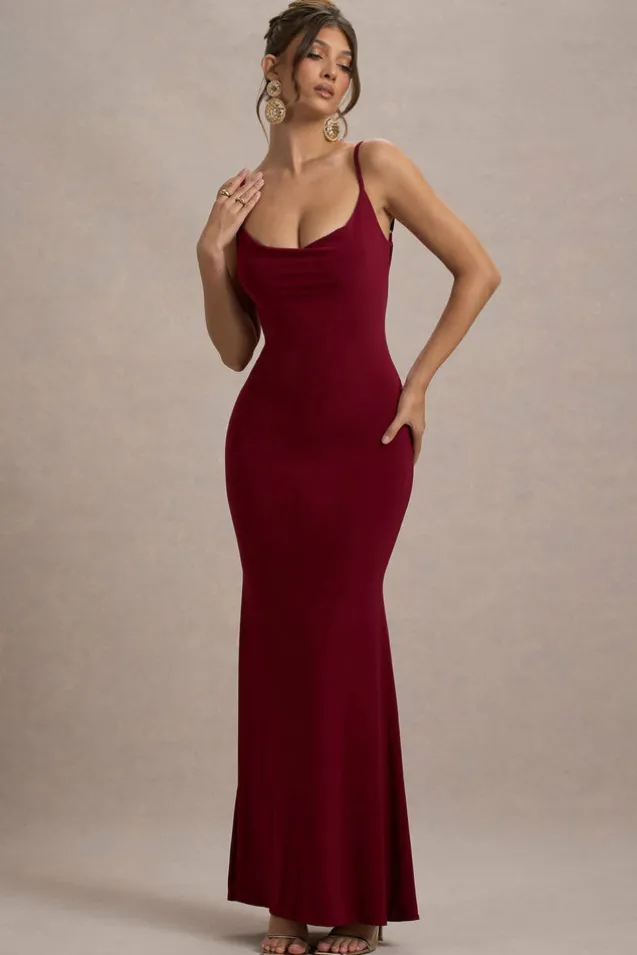 Francoise | Berry Cowl Neck Backless Maxi Dress With Lace Insert