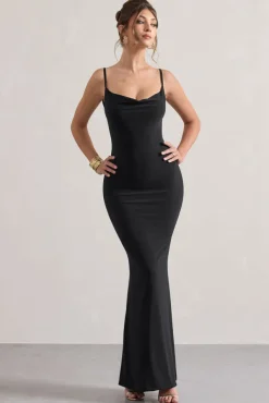 Francoise | Black Cowl Neck Backless Maxi Dress With Lace Insert