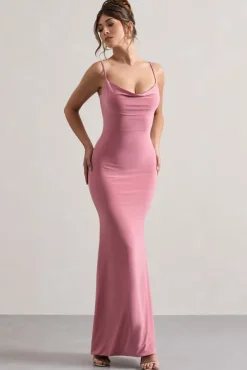 Francoise | Blush Cowl Neck Backless Maxi Dress With Lace Insert