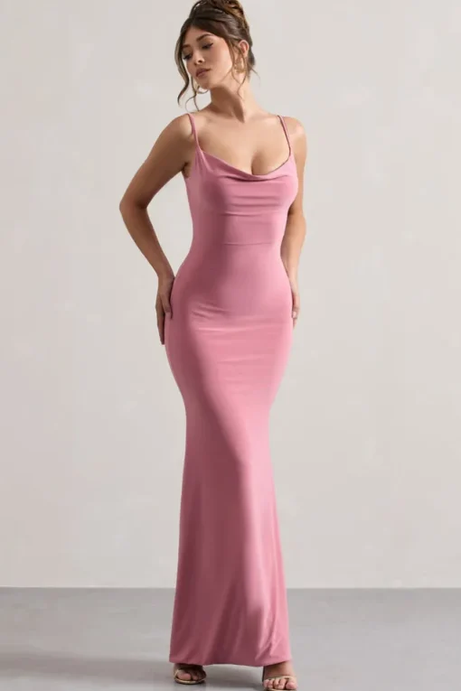 Francoise | Blush Cowl Neck Backless Maxi Dress With Lace Insert