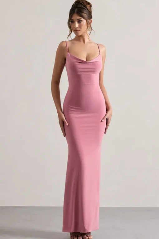 Francoise | Blush Cowl Neck Backless Maxi Dress With Lace Insert