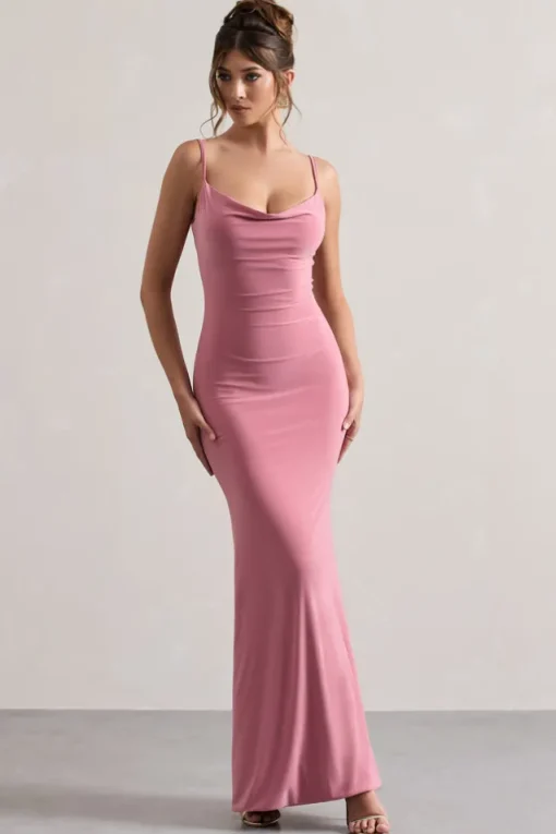 Francoise | Blush Cowl Neck Backless Maxi Dress With Lace Insert