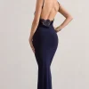 Francoise | Navy Cowl Neck Backless Maxi Dress With Lace Insert