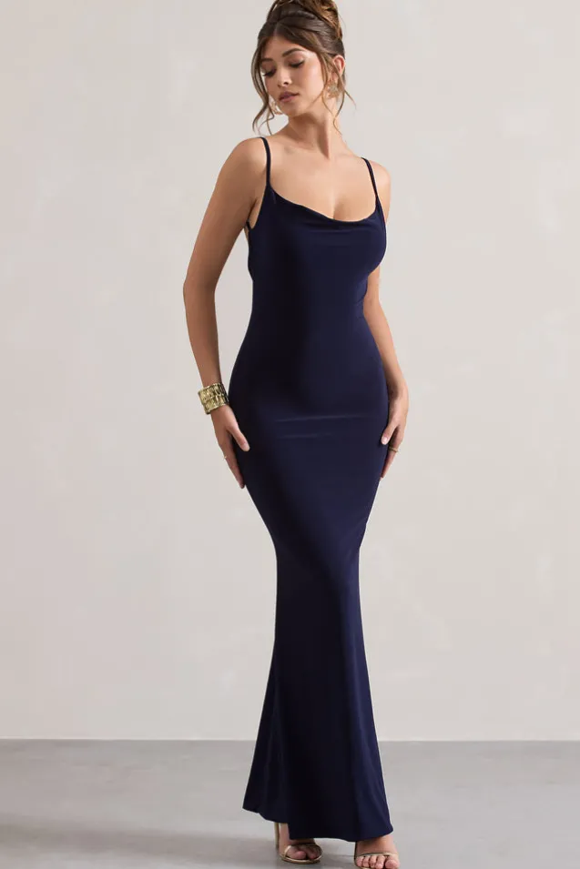 Francoise | Navy Cowl Neck Backless Maxi Dress With Lace Insert