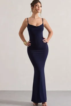 Francoise | Navy Cowl Neck Backless Maxi Dress With Lace Insert
