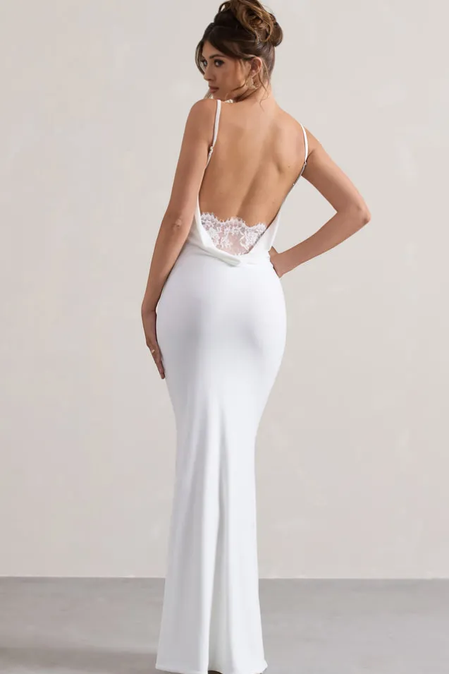 Francoise | White Cowl Neck Backless Maxi Dress With Lace Insert