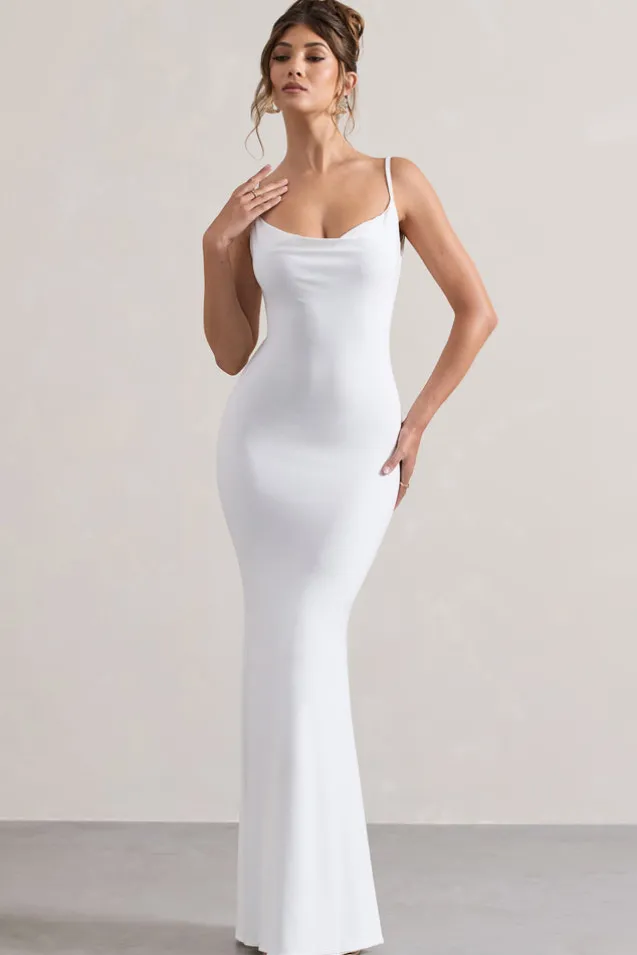 Francoise | White Cowl Neck Backless Maxi Dress With Lace Insert