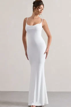 Francoise | White Cowl Neck Backless Maxi Dress With Lace Insert