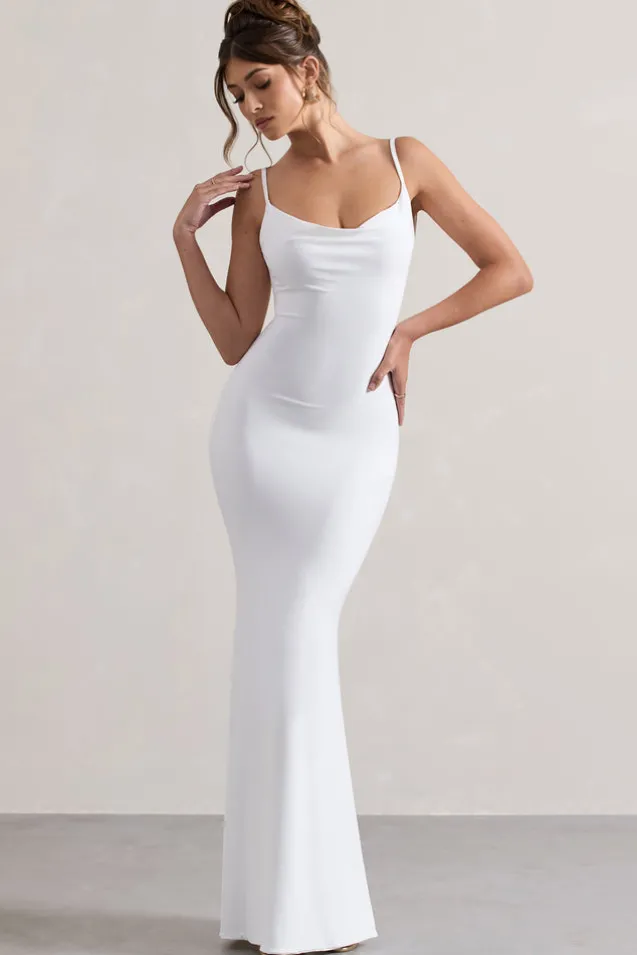 Francoise | White Cowl Neck Backless Maxi Dress With Lace Insert