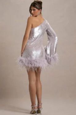 Free Soul | Lilac Sequin One-Shoulder Feather Trim Mini Dress