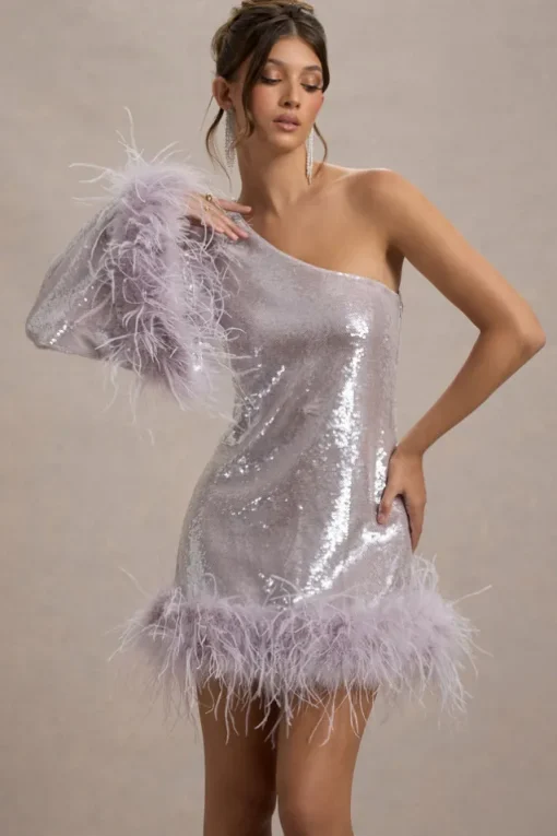 Free Soul | Lilac Sequin One-Shoulder Feather Trim Mini Dress