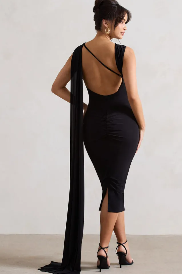 Freedom | Black Strappy Asymmetric Cut-Out Midi Dress With Cape