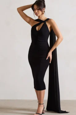 Freedom | Black Strappy Asymmetric Cut-Out Midi Dress With Cape