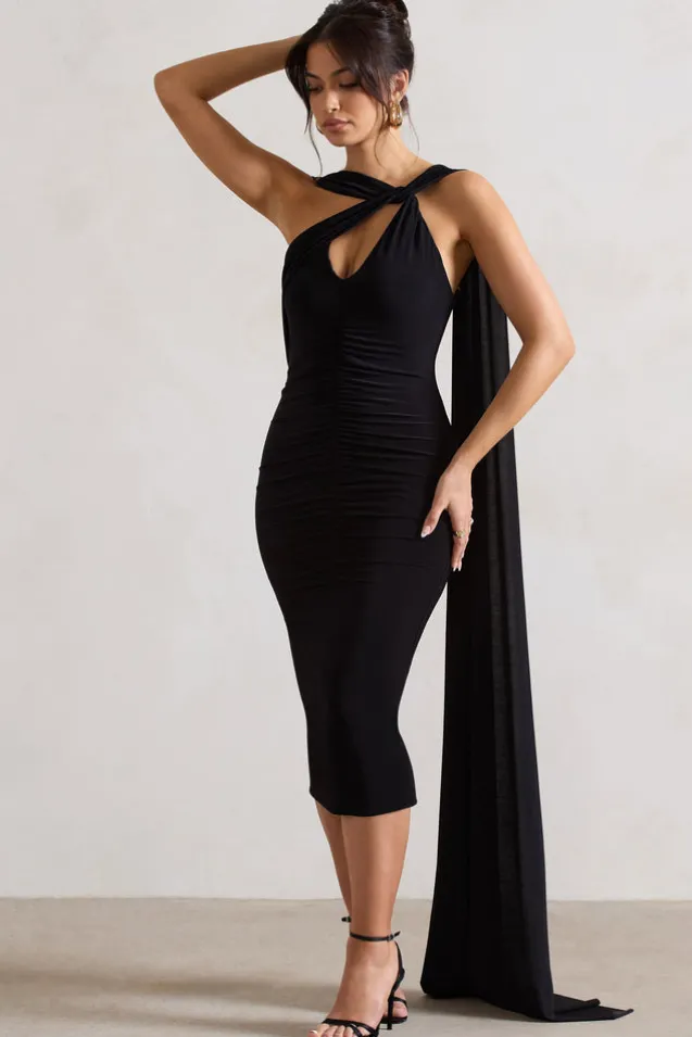 Freedom | Black Strappy Asymmetric Cut-Out Midi Dress With Cape