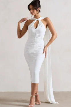 Freedom | White Strappy Asymmetric Cut-Out Midi Dress With Cape