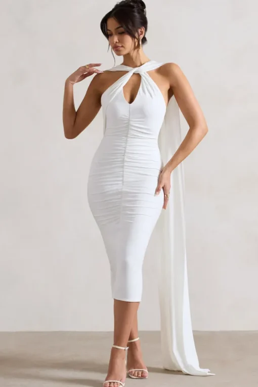 Freedom | White Strappy Asymmetric Cut-Out Midi Dress With Cape