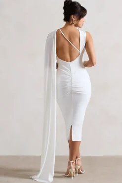Freedom | White Strappy Asymmetric Cut-Out Midi Dress With Cape