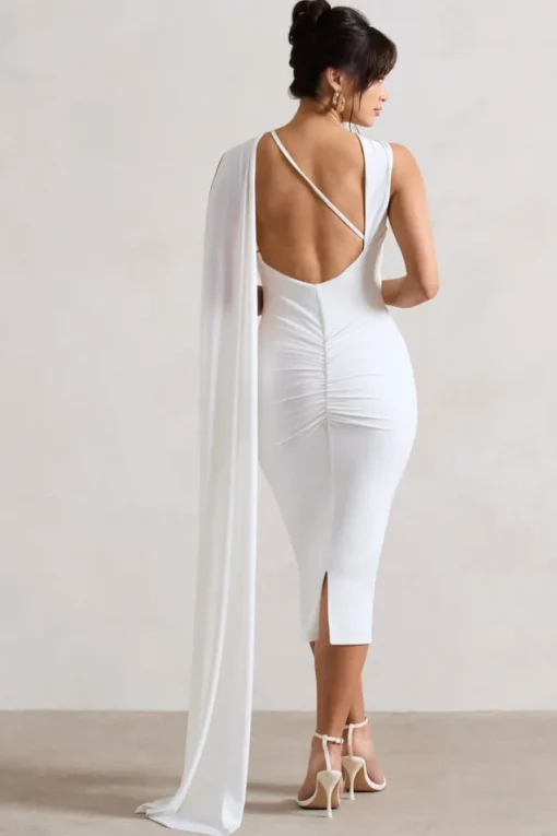 Freedom | White Strappy Asymmetric Cut-Out Midi Dress With Cape