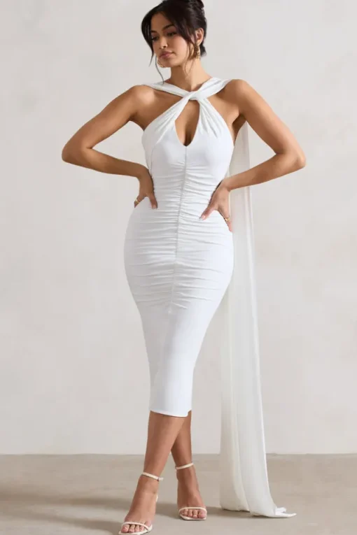 Freedom | White Strappy Asymmetric Cut-Out Midi Dress With Cape