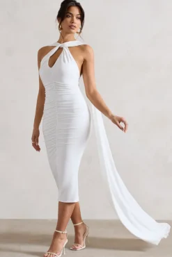 Freedom | White Strappy Asymmetric Cut-Out Midi Dress With Cape