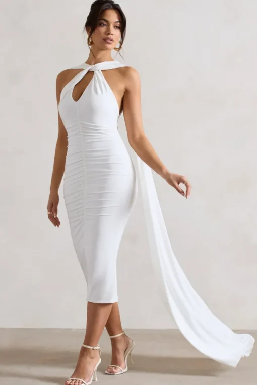 Freedom | White Strappy Asymmetric Cut-Out Midi Dress With Cape